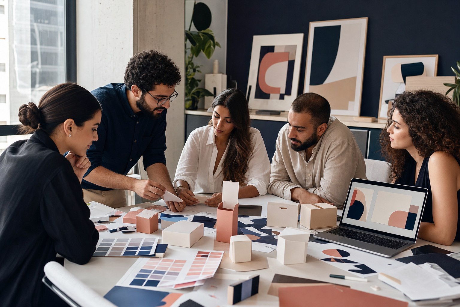 Conceptual creative team reviewing realistic packaging prototypes