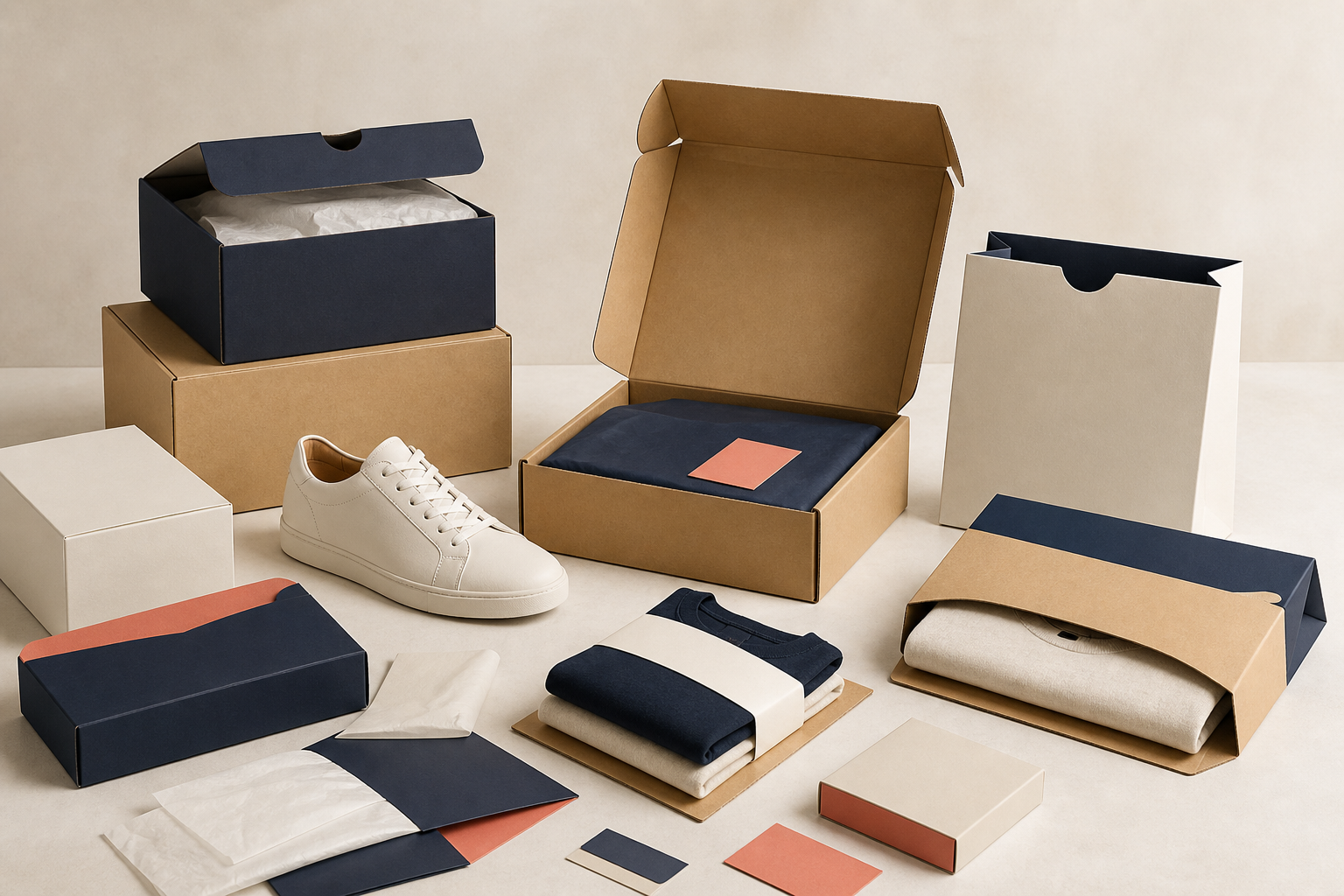 Realistic conceptual apparel and footwear packaging family