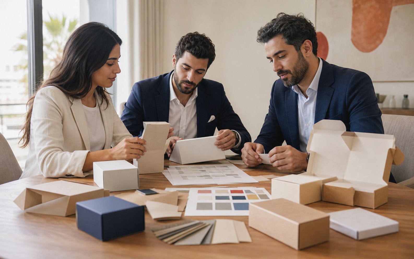 Conceptual Lebanese business team reviewing realistic carton samples