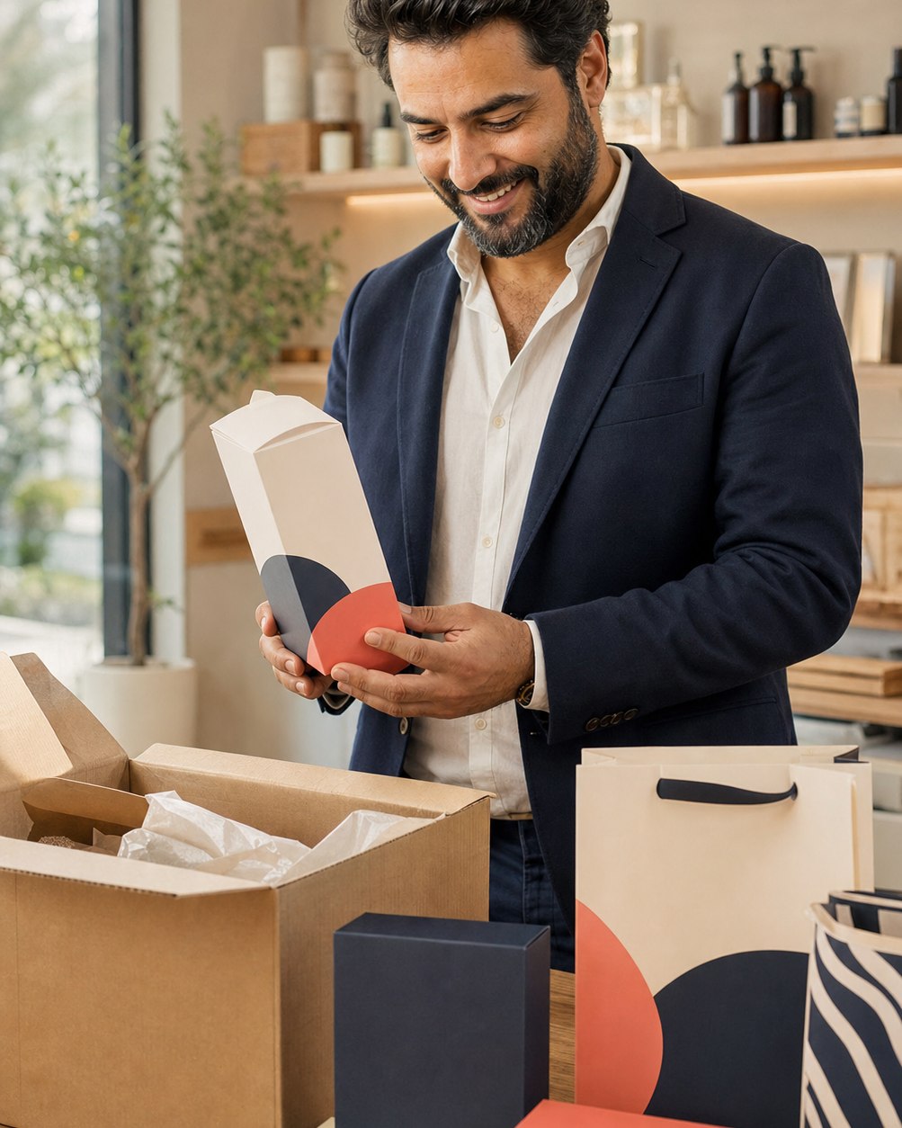 Satisfied business client inspecting newly received custom printed packaging