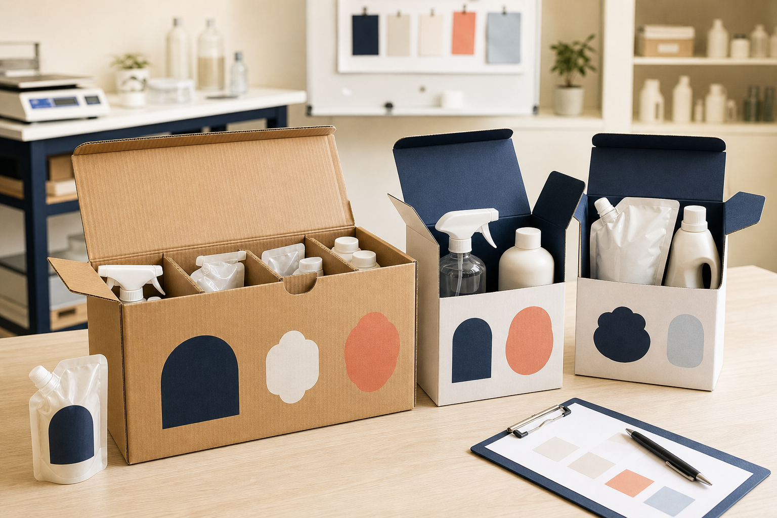Realistic conceptual household-cleaning cartons, dividers and shipping cases