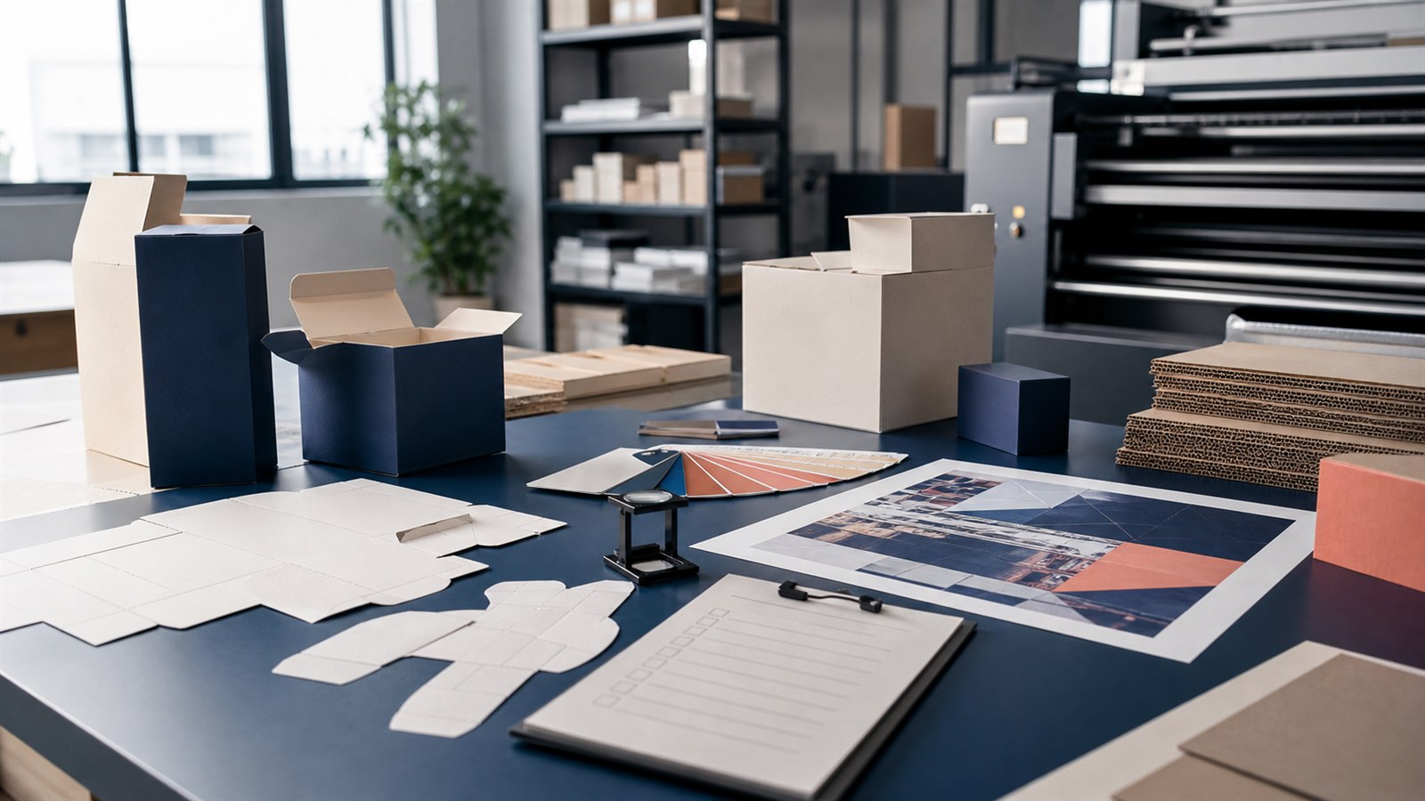 Packaging and printing reference materials on a production studio worktable