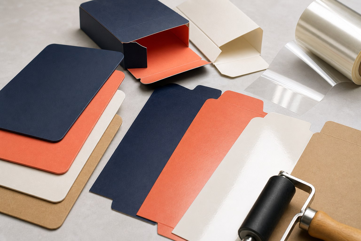 Realistic conceptual matte and gloss laminated paperboard samples