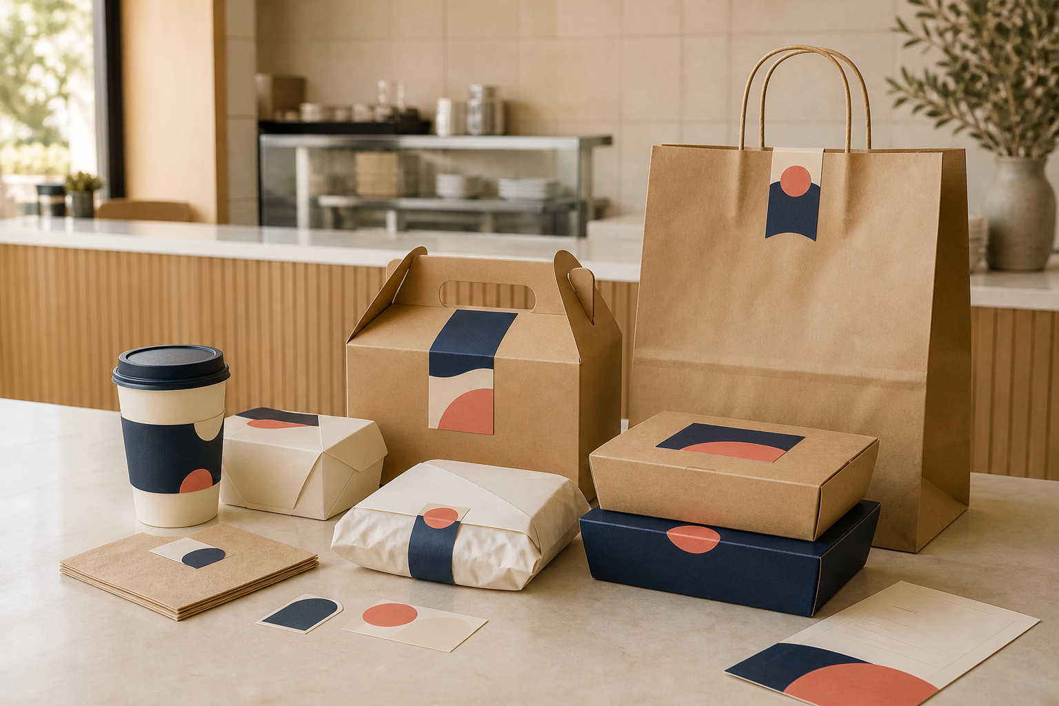 Realistic conceptual restaurant takeaway and delivery packaging collection
