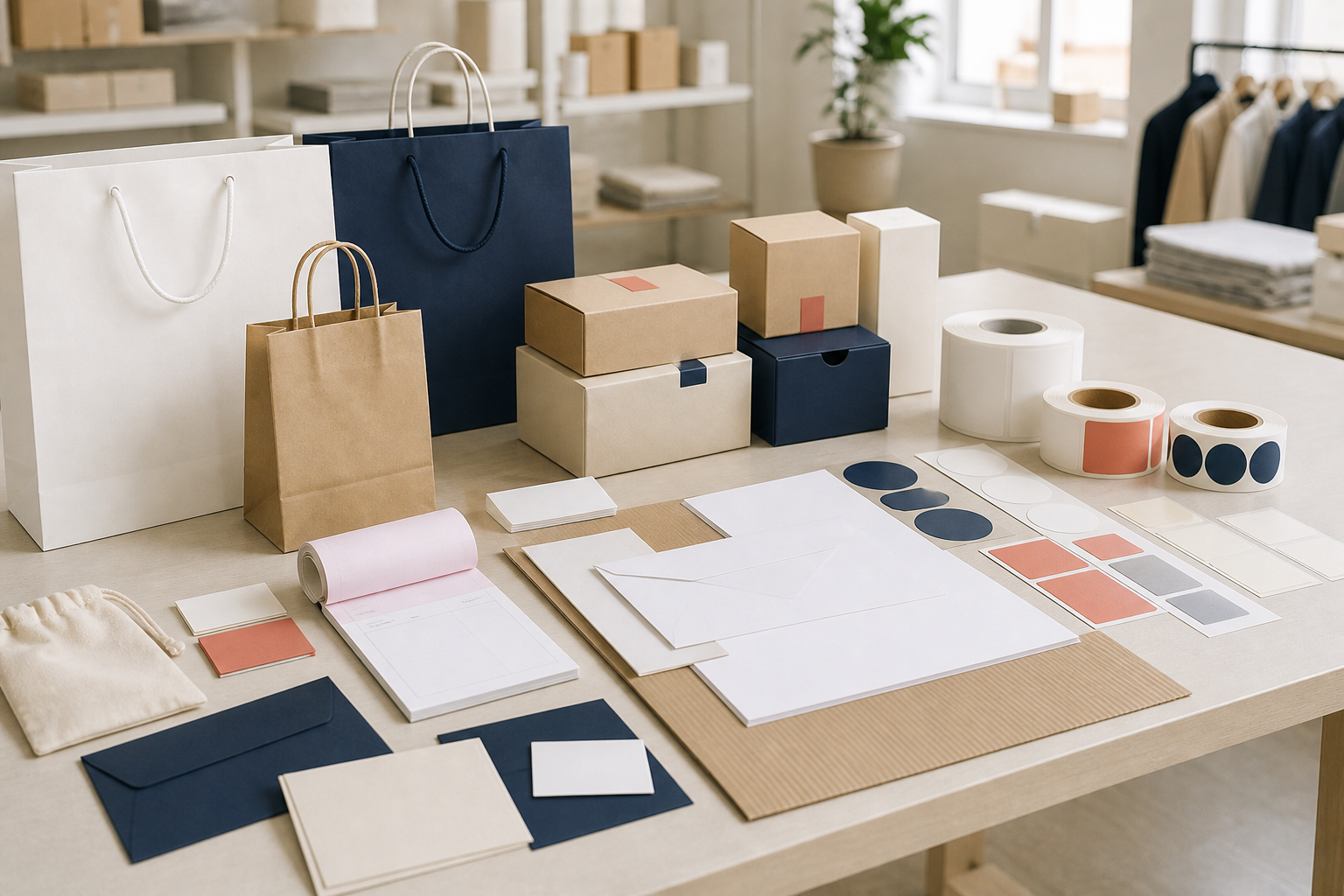 Realistic conceptual retail-center print and packaging operations suite